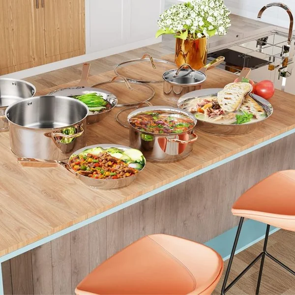 11 Éléments de Batterie de Cuisine Casseroles et Poêles Professionnelles avec Couvercles Transparents