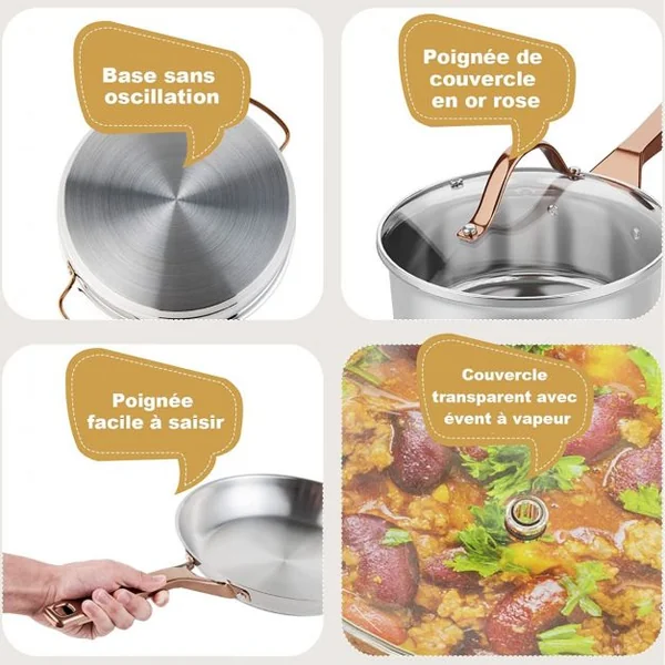 11 Éléments de Batterie de Cuisine Casseroles et Poêles Professionnelles avec Couvercles Transparents