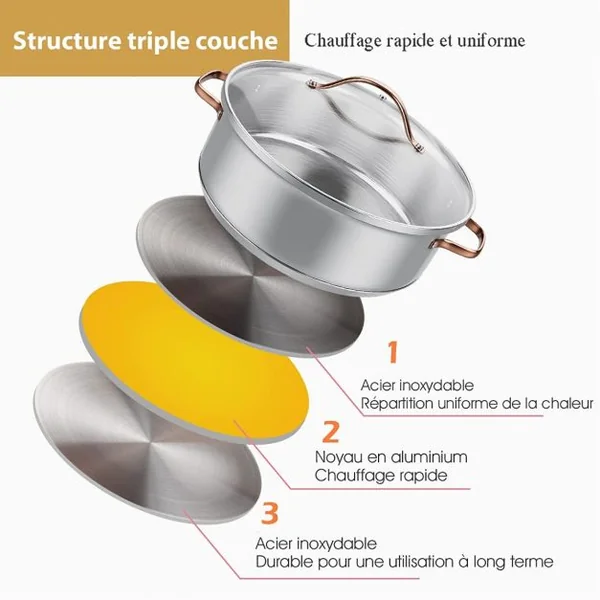 11 Éléments de Batterie de Cuisine Casseroles et Poêles Professionnelles avec Couvercles Transparents