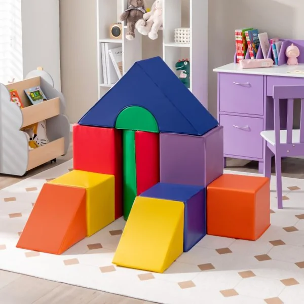 11PCS Modules de Motricitéen Mousse avec Housse en PU et EPE Jouets Éducatifs Blocs de Construction Diverses Formes 18 Mois+