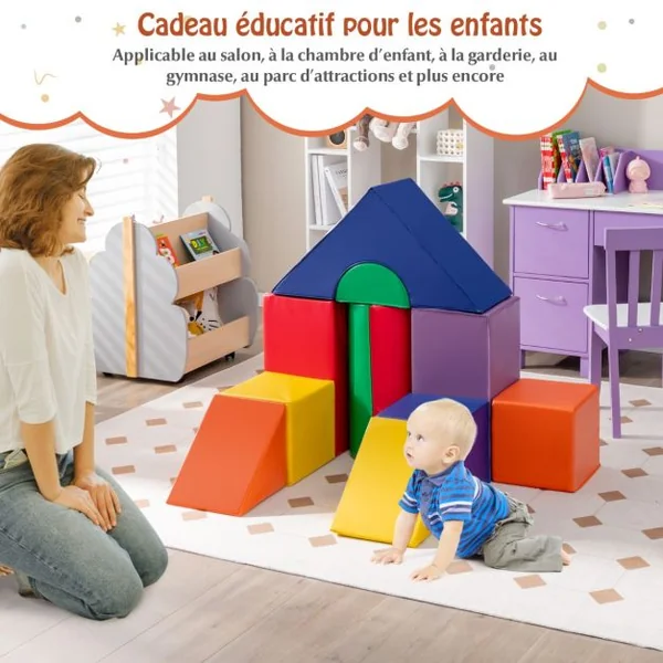 11PCS Modules de Motricitéen Mousse avec Housse en PU et EPE Jouets Éducatifs Blocs de Construction Diverses Formes 18 Mois+