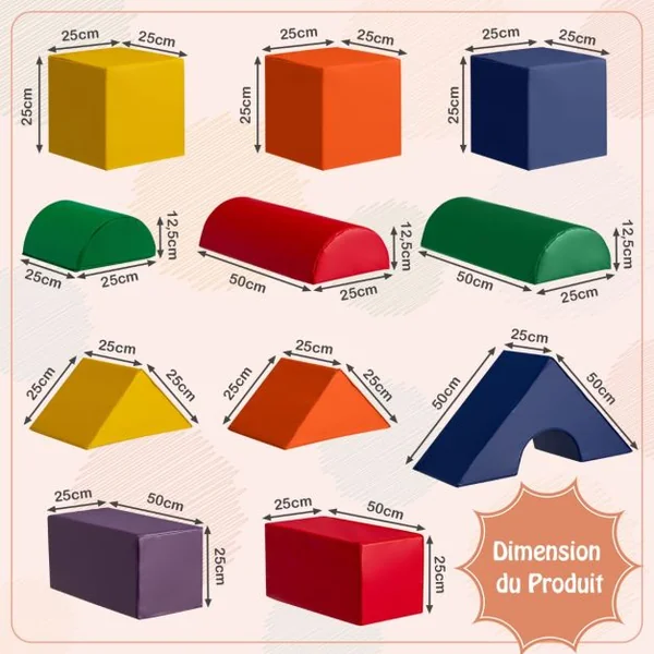 11PCS Modules de Motricitéen Mousse avec Housse en PU et EPE Jouets Éducatifs Blocs de Construction Diverses Formes 18 Mois+