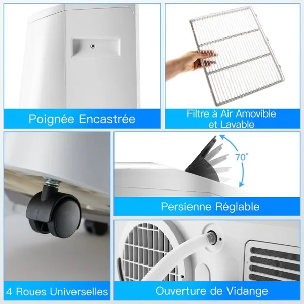 12000/14000/16000BTU Climatiseur Mobile R290 4 Modes Ventilateur Déshumidificateur Rafraîchisseur et Chauffage 16 à 32℃ Blanc