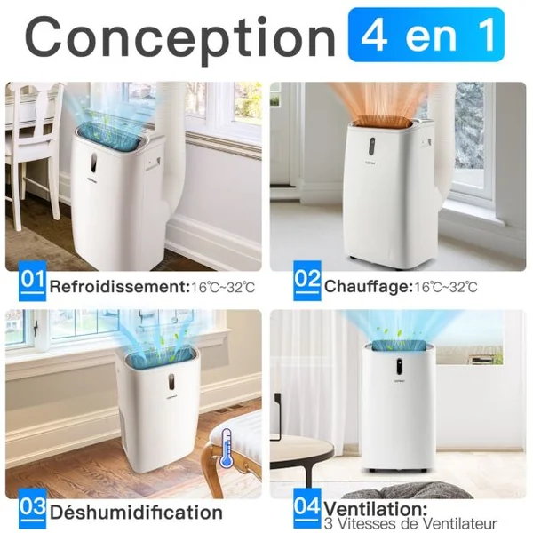 12000/14000/16000BTU Climatiseur Mobile R290 4 Modes Ventilateur Déshumidificateur Rafraîchisseur et Chauffage 16 à 32℃ Blanc