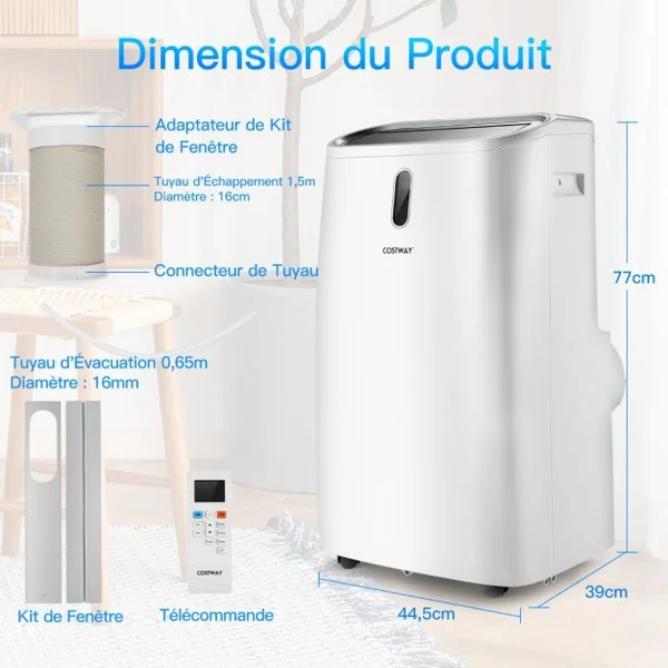 12000/14000/16000BTU Climatiseur Mobile R290 4 Modes Ventilateur Déshumidificateur Rafraîchisseur et Chauffage 16 à 32℃ Blanc