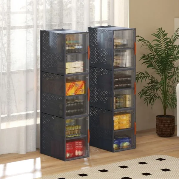 12 Bacs de Rangement Pliables avec Couvercles en Plastique Bacs Empilables pour Chaussures Tiroirs de Rangement Gris