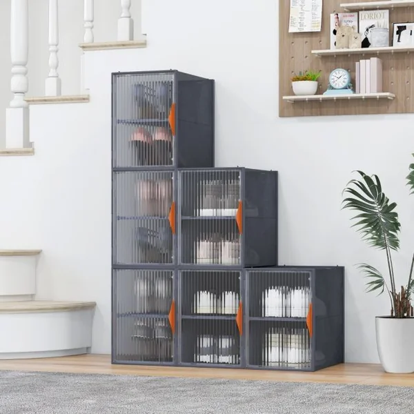 12 Bacs de Rangement Pliables avec Couvercles en Plastique Bacs Empilables pour Chaussures Tiroirs de Rangement Gris