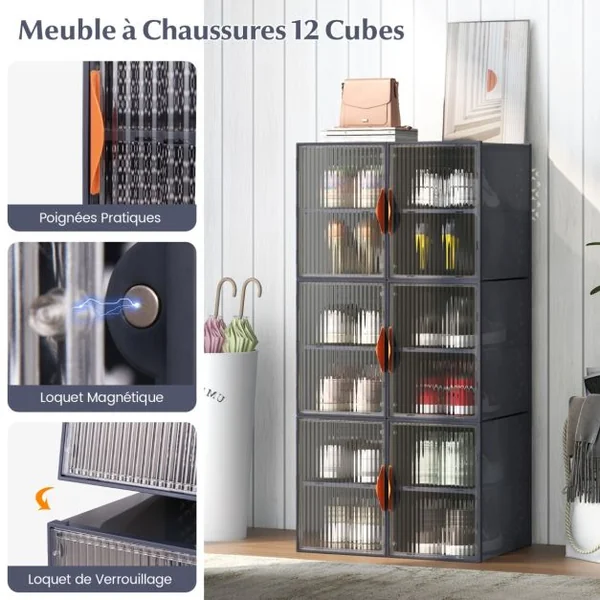 12 Bacs de Rangement Pliables avec Couvercles en Plastique Bacs Empilables pour Chaussures Tiroirs de Rangement Gris