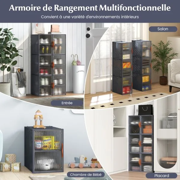 12 Bacs de Rangement Pliables avec Couvercles en Plastique Bacs Empilables pour Chaussures Tiroirs de Rangement Gris