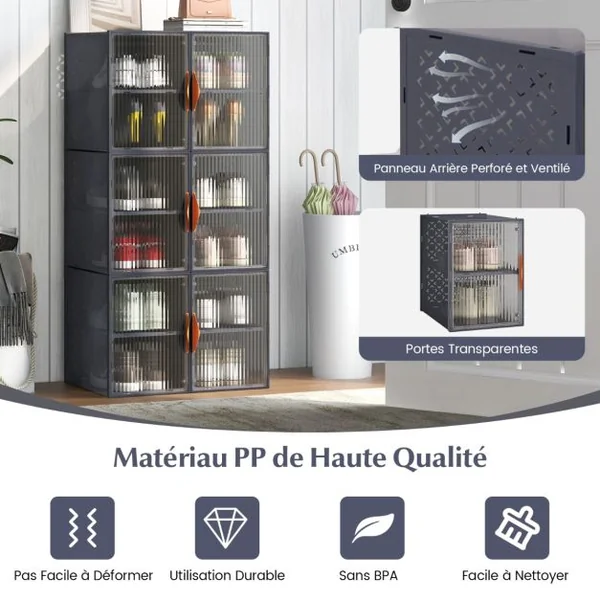 12 Bacs de Rangement Pliables avec Couvercles en Plastique Bacs Empilables pour Chaussures Tiroirs de Rangement Gris