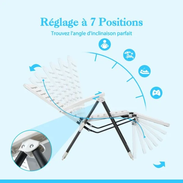 1/2 Chaise Longue Inclinable avec Dossier Réglable à 7 Niveaux Transat Bain de Soleil Fauteuil de Jardin pour Piscine Plage