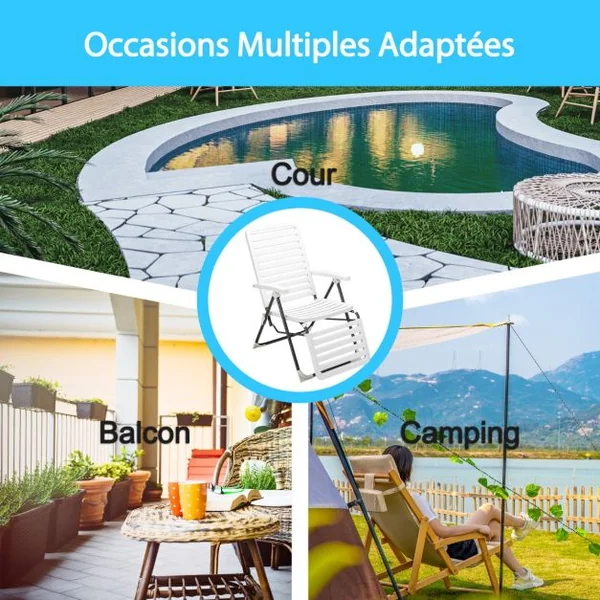 1/2 Chaise Longue Inclinable avec Dossier Réglable à 7 Niveaux Transat Bain de Soleil Fauteuil de Jardin pour Piscine Plage