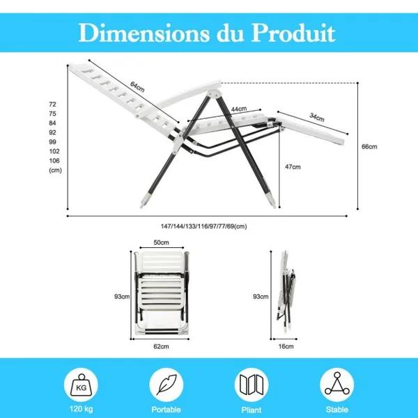 1/2 Chaise Longue Inclinable avec Dossier Réglable à 7 Niveaux Transat Bain de Soleil Fauteuil de Jardin pour Piscine Plage