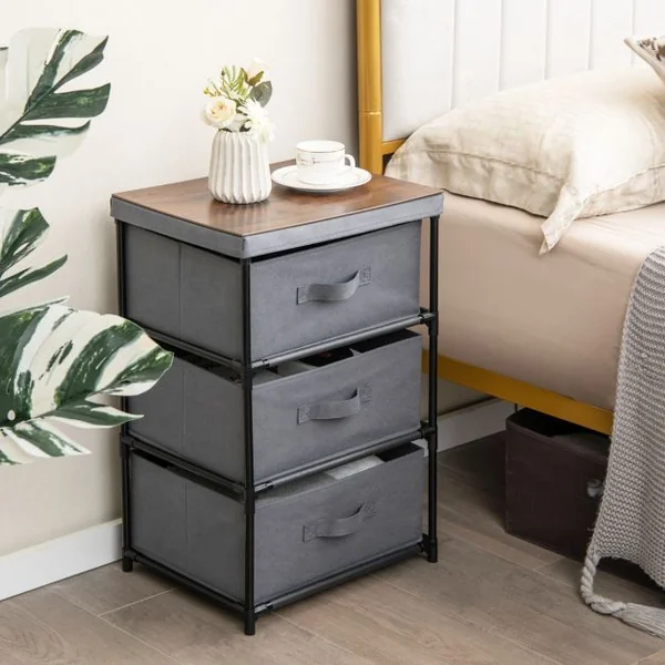 1/2 Commode(s) 3 Tiroirs en Tissu 40 x 30 x 62 cm Table de Chevet avec Cadre en Métal pour Chambre Industriel Café/Gris/Noir