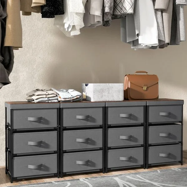 1/2 Commode(s) 3 Tiroirs en Tissu 40 x 30 x 62 cm Table de Chevet avec Cadre en Métal pour Chambre Industriel Café/Gris/Noir