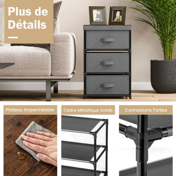 1/2 Commode(s) 3 Tiroirs en Tissu 40 x 30 x 62 cm Table de Chevet avec Cadre en Métal pour Chambre Industriel Café/Gris/Noir