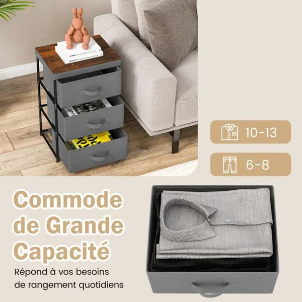 1/2 Commode(s) 3 Tiroirs en Tissu 40 x 30 x 62 cm Table de Chevet avec Cadre en Métal pour Chambre Industriel Café/Gris/Noir