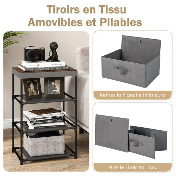 1/2 Commode(s) 3 Tiroirs en Tissu 40 x 30 x 62 cm Table de Chevet avec Cadre en Métal pour Chambre Industriel Café/Gris/Noir