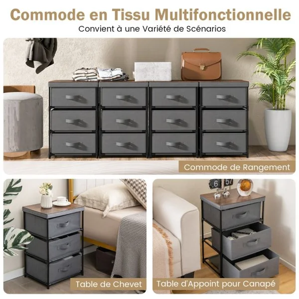 1/2 Commode(s) 3 Tiroirs en Tissu 40 x 30 x 62 cm Table de Chevet avec Cadre en Métal pour Chambre Industriel Café/Gris/Noir