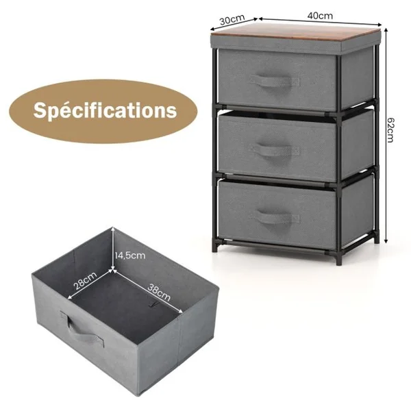 1/2 Commode(s) 3 Tiroirs en Tissu 40 x 30 x 62 cm Table de Chevet avec Cadre en Métal pour Chambre Industriel Café/Gris/Noir