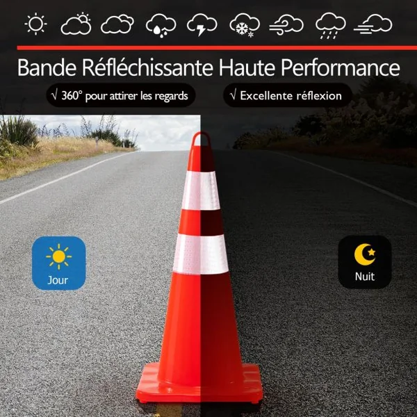 12 Cônes de Signalisation Réfléchissante H 72 cm en PVC pour Parking Trafic Route Terrain de Sport