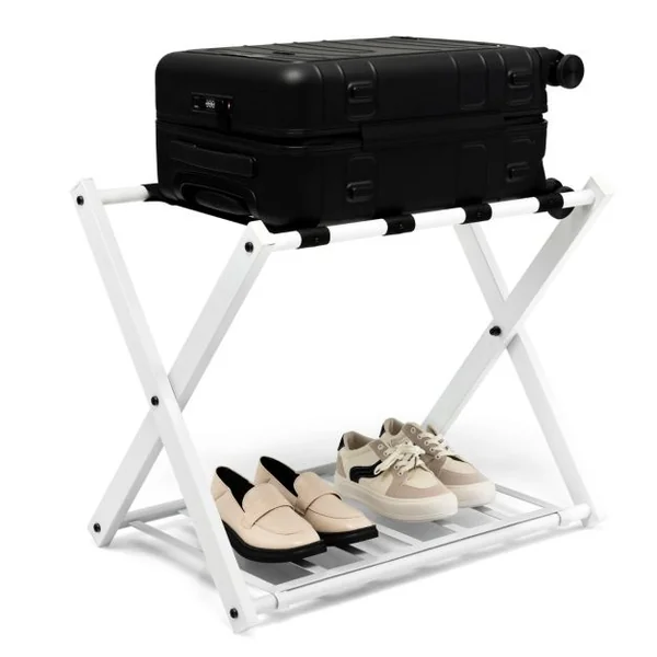 1/2 Support(s) de Bagages Pliable Porte Valise 68x43x58 CM avec 2 Etages et 4 Sangles Blanc