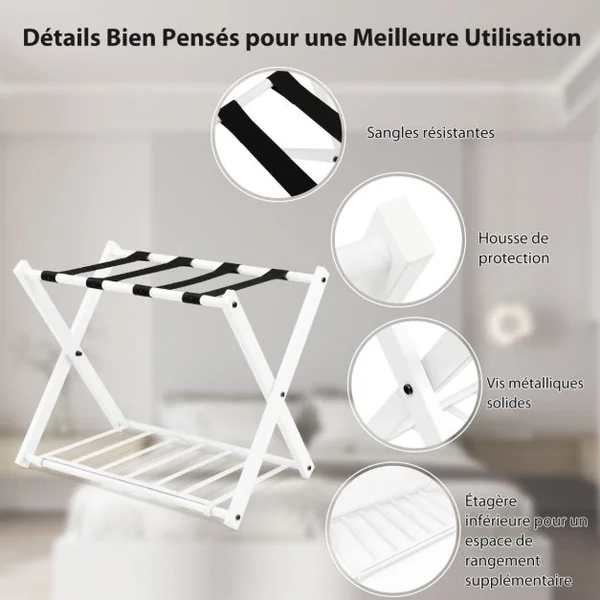 1/2 Support(s) de Bagages Pliable Porte Valise 68x43x58 CM avec 2 Etages et 4 Sangles Blanc