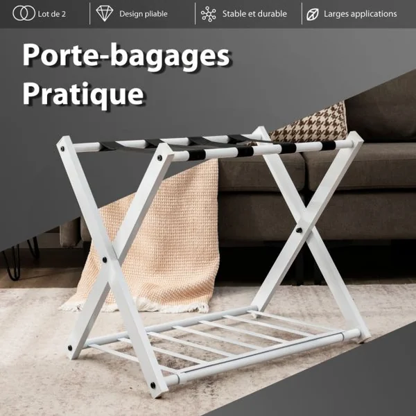 1/2 Support(s) de Bagages Pliable Porte Valise 68x43x58 CM avec 2 Etages et 4 Sangles Blanc