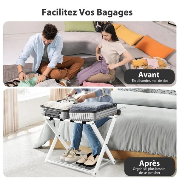 1/2 Support(s) de Bagages Pliable Porte Valise 68x43x58 CM avec 2 Etages et 4 Sangles Blanc