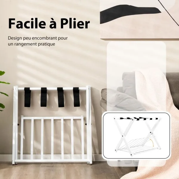 1/2 Support(s) de Bagages Pliable Porte Valise 68x43x58 CM avec 2 Etages et 4 Sangles Blanc