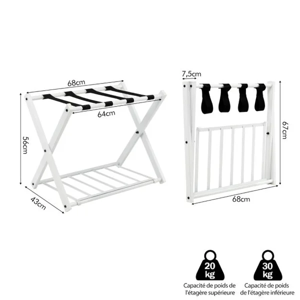 1/2 Support(s) de Bagages Pliable Porte Valise 68x43x58 CM avec 2 Etages et 4 Sangles Blanc