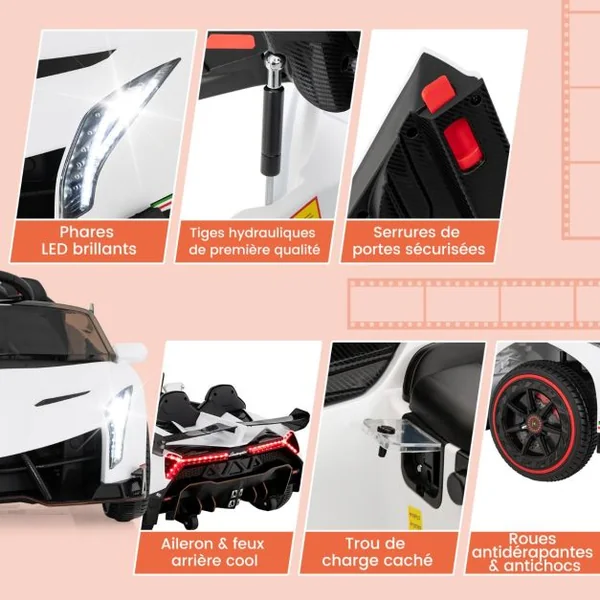 12V Lamborghini Voiture Electrique Enfant avec Télécommande 2,4G Blanc