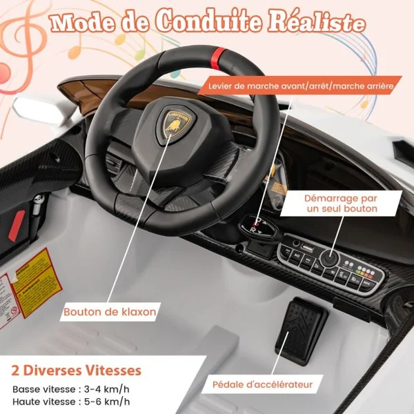 12V Lamborghini Voiture Electrique Enfant avec Télécommande 2,4G Blanc