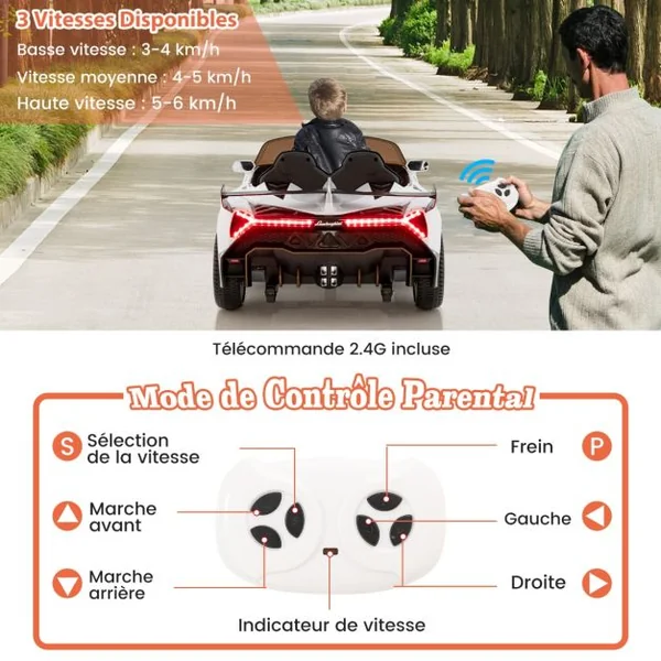12V Lamborghini Voiture Electrique Enfant avec Télécommande 2,4G Blanc