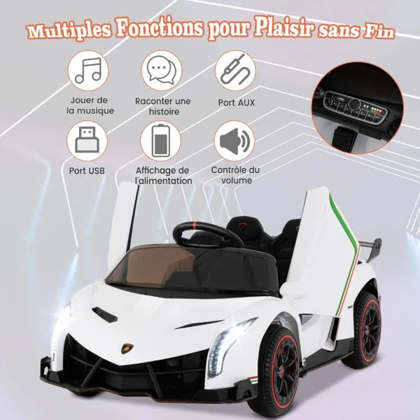 12V Lamborghini Voiture Electrique Enfant avec Télécommande 2,4G Blanc