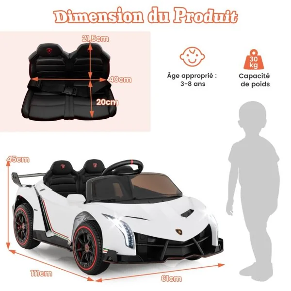 12V Lamborghini Voiture Electrique Enfant avec Télécommande 2,4G Blanc