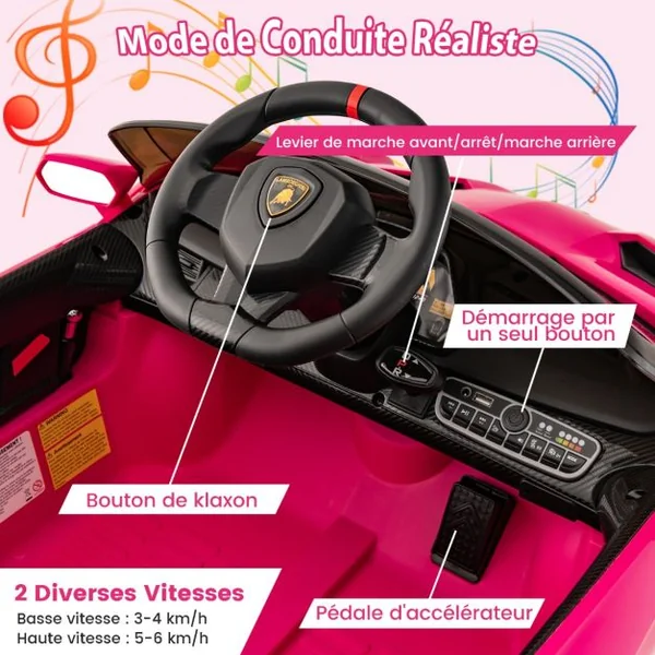 12V Lamborghini Voiture Electrique Enfants avec Télécommande 2,4G Rose