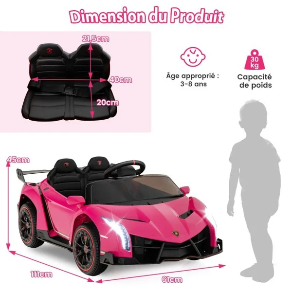 12V Lamborghini Voiture Electrique Enfants avec Télécommande 2,4G Rose