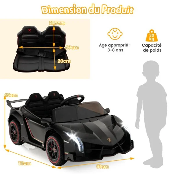 12V Lamborghini Voiture Electrique Enfants avec Télécommande 2,4G Véhicule Electrique avec Lumières LED & Musique Charge 30kg pour 3-8 Ans Noir