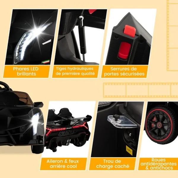 12V Lamborghini Voiture Electrique Enfants avec Télécommande 2,4G Véhicule Electrique avec Lumières LED & Musique Charge 30kg pour 3-8 Ans Noir