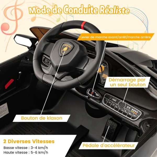 12V Lamborghini Voiture Electrique Enfants avec Télécommande 2,4G Véhicule Electrique avec Lumières LED & Musique Charge 30kg pour 3-8 Ans Noir