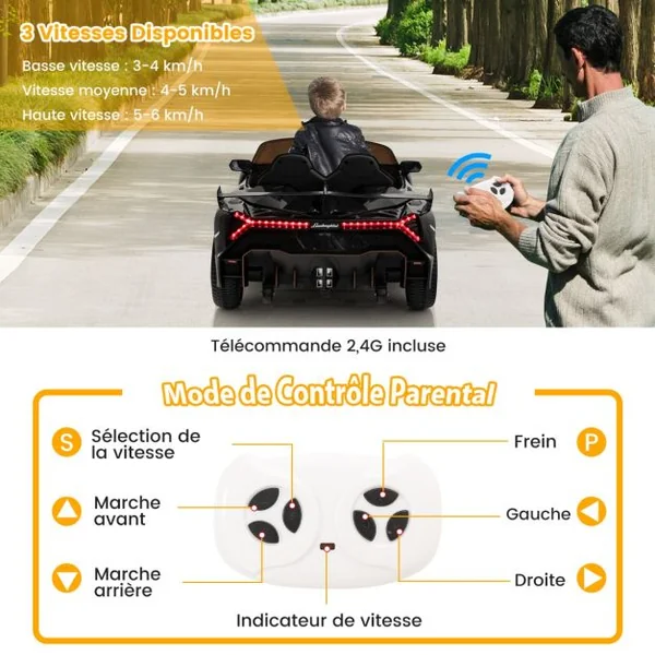 12V Lamborghini Voiture Electrique Enfants avec Télécommande 2,4G Véhicule Electrique avec Lumières LED & Musique Charge 30kg pour 3-8 Ans Noir