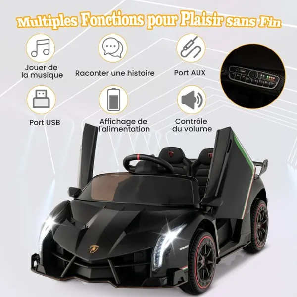 12V Lamborghini Voiture Electrique Enfants avec Télécommande 2,4G Véhicule Electrique avec Lumières LED & Musique Charge 30kg pour 3-8 Ans Noir