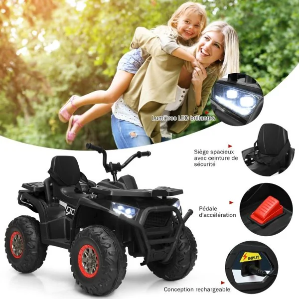 12V Quad Electrique Enfants avec Lumières LED et Musique Véhicule Electrique Enfants avec 2 Vitesses 4 Roues Antidérapantes Charge 50kg pour 3 Ans+ Noir/Rouge