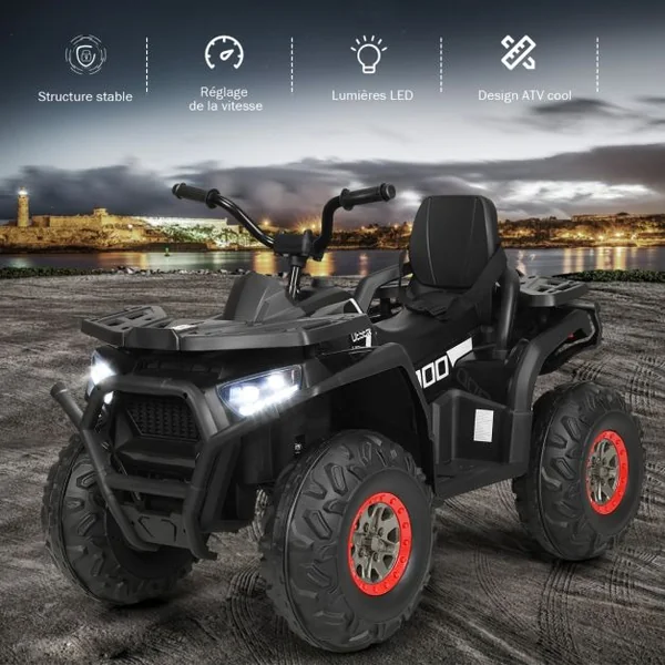 12V Quad Electrique Enfants avec Lumières LED et Musique Véhicule Electrique Enfants avec 2 Vitesses 4 Roues Antidérapantes Charge 50kg pour 3 Ans+ Noir/Rouge
