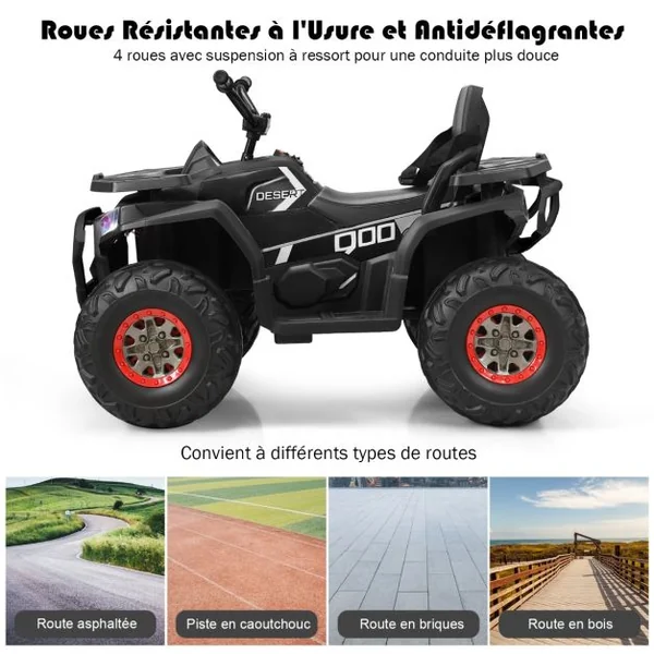 12V Quad Electrique Enfants avec Lumières LED et Musique Véhicule Electrique Enfants avec 2 Vitesses 4 Roues Antidérapantes Charge 50kg pour 3 Ans+ Noir/Rouge
