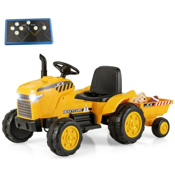 12V Tracteur Électrique Enfant avec Télécommande Voiture Électrique à 6 Pneus 2,5-3,5km/h Charge 30kg pour 3-8 Ans Jaune
