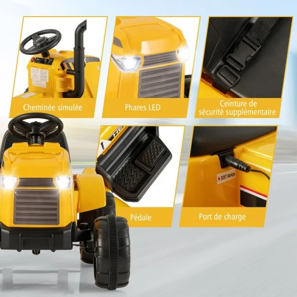 12V Tracteur Électrique Enfant avec Télécommande Voiture Électrique à 6 Pneus 2,5-3,5km/h Charge 30kg pour 3-8 Ans Jaune