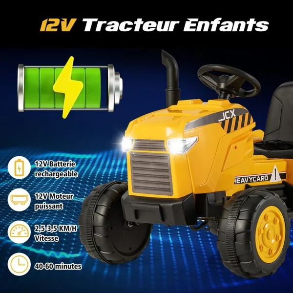 12V Tracteur Électrique Enfant avec Télécommande Voiture Électrique à 6 Pneus 2,5-3,5km/h Charge 30kg pour 3-8 Ans Jaune