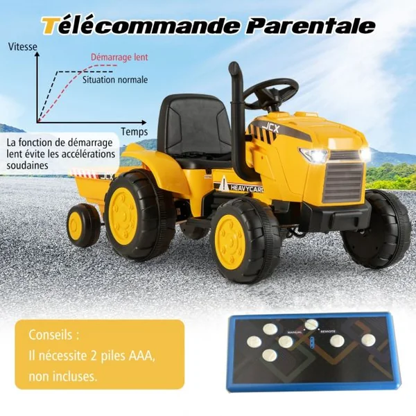 12V Tracteur Électrique Enfant avec Télécommande Voiture Électrique à 6 Pneus 2,5-3,5km/h Charge 30kg pour 3-8 Ans Jaune